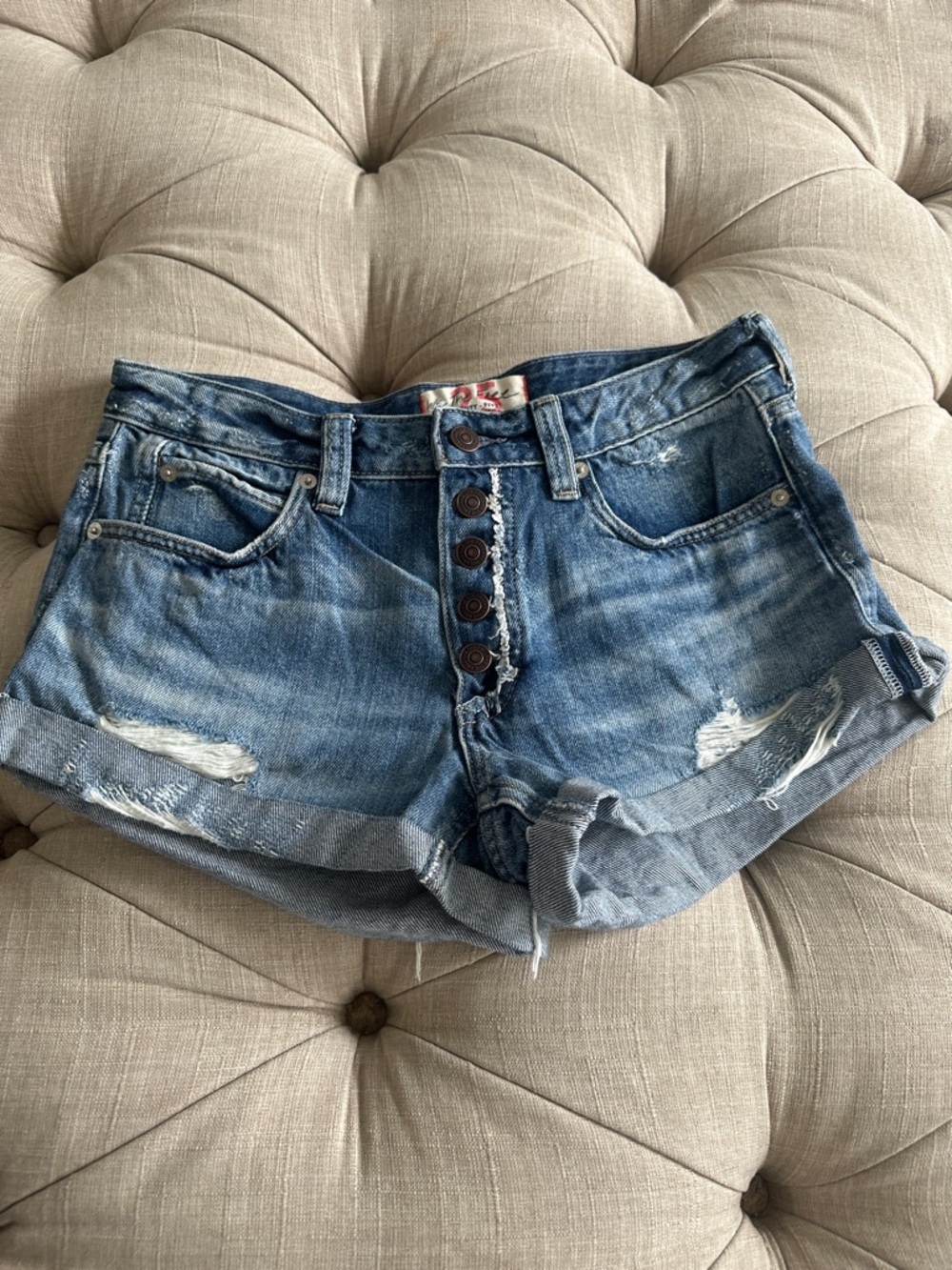 We The Free Distressed Mid Blue Button-Fly Denim Shorts